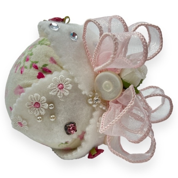 Handmade Strawberry Pin Cushion Floral Rose‎ Bud and Ribbons Pink Survivor Print - Picture 2 of 6